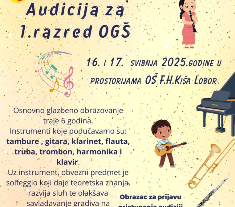 Audicije za upise u 1. godinu Glazbenog odjela za školsku godinu 2025./2026.